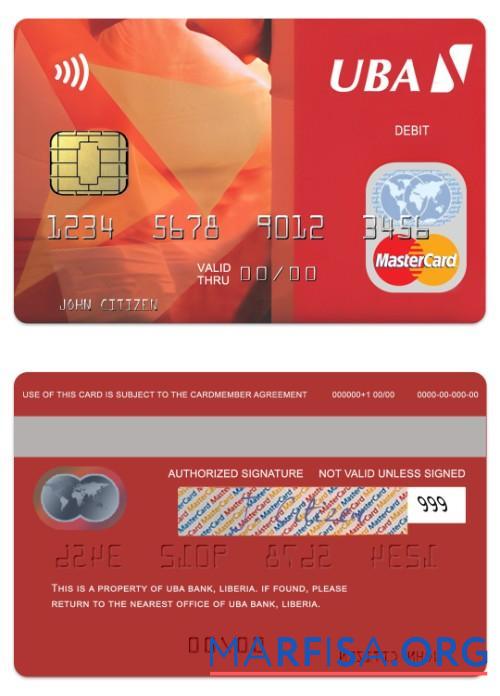 Realistic Liberia UBA Bank debit mastercard example